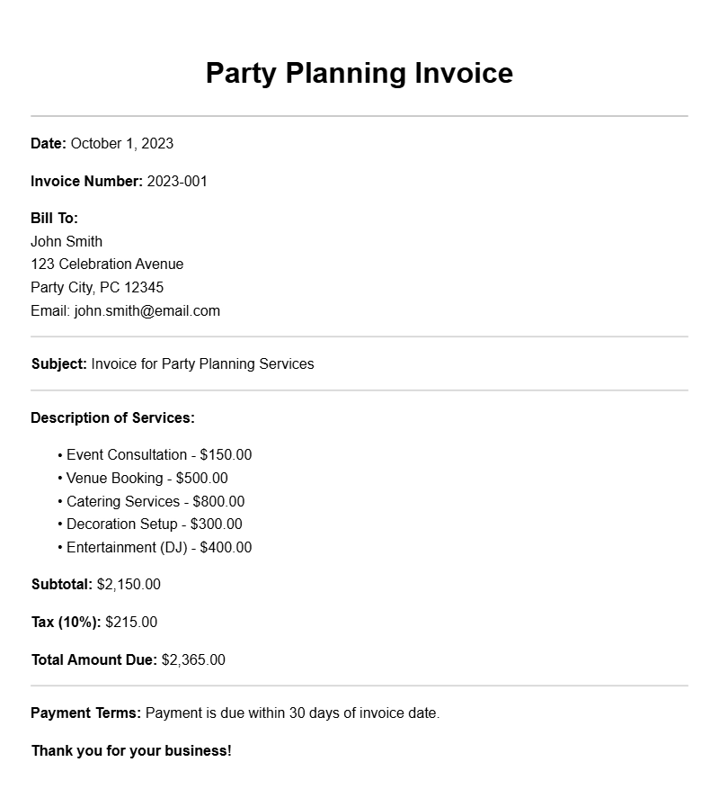 Party Planning Invoice Samples for Easy Event Management