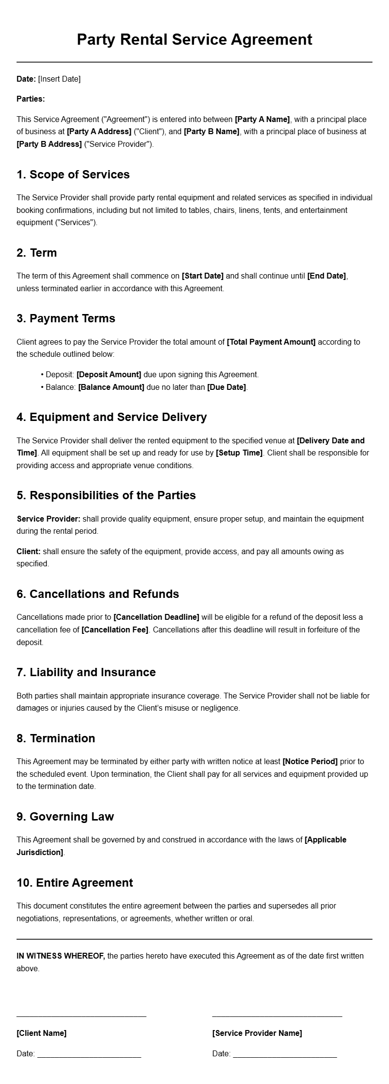 Party Rental Company Monthly Service Agreement Templates