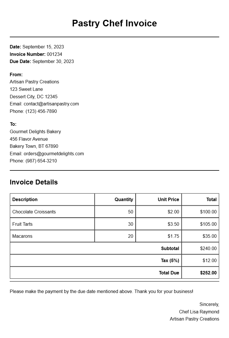 Pastry Chef Invoice Samples for Your Bakery Business