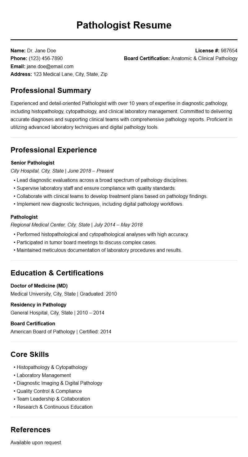 Professional Pathologist Resume Templates for a Strong Application