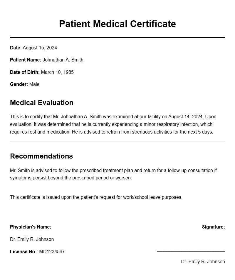 Sample Patient Certificates for Medical Documentation