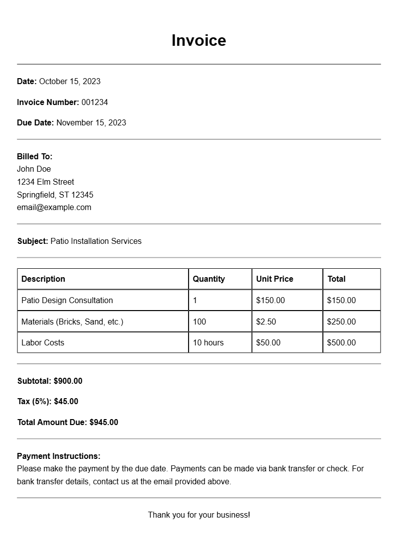 Patio Installation Invoice Samples for Your Business Needs