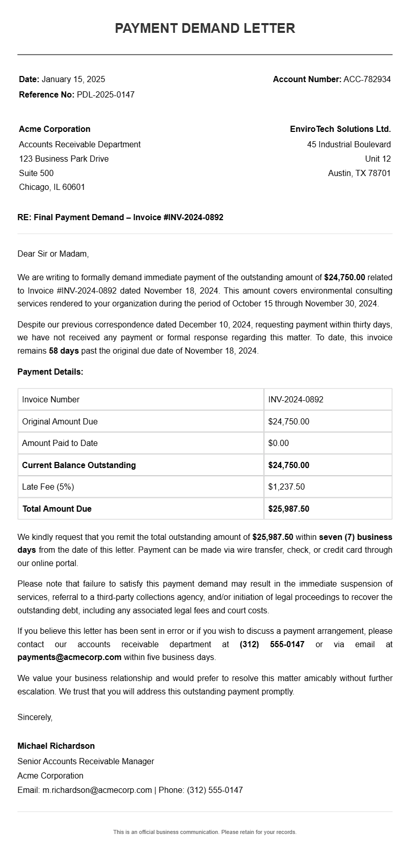 Payment Demand Letter Samples