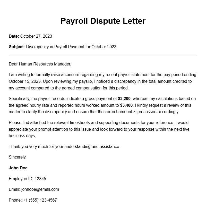 Sample Payroll Dispute Letters for Resolving Payment Issues