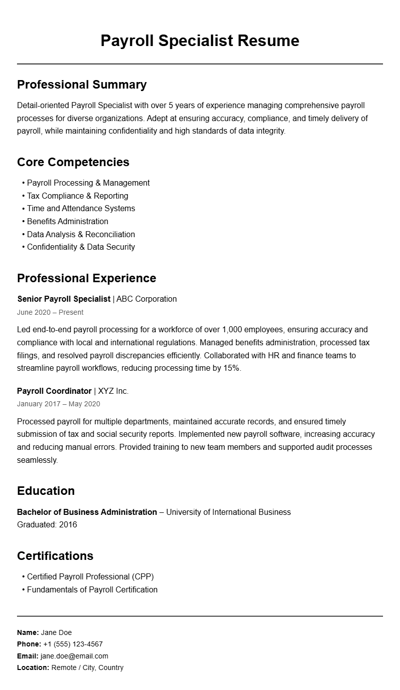 Payroll Specialist Resume Samples to Showcase Your Skills