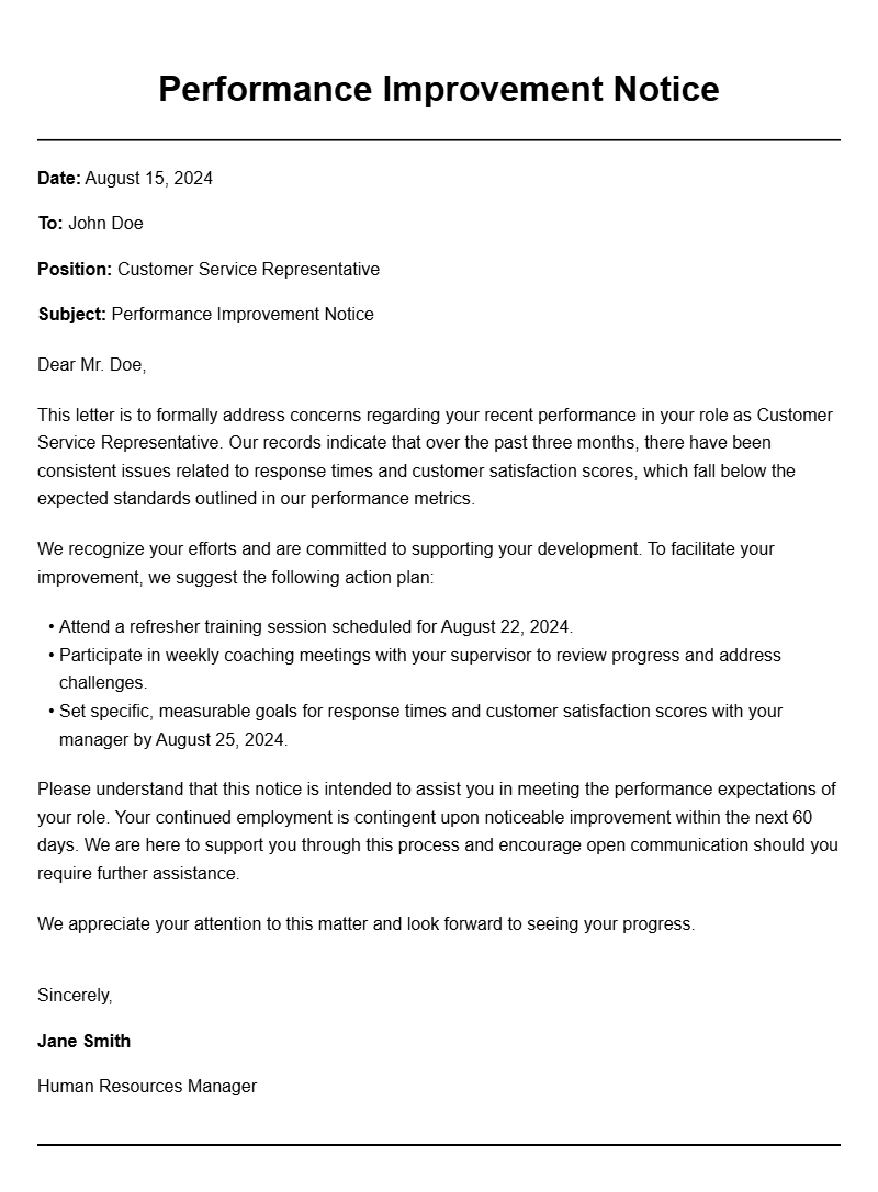 Effective Performance Improvement Letter Samples