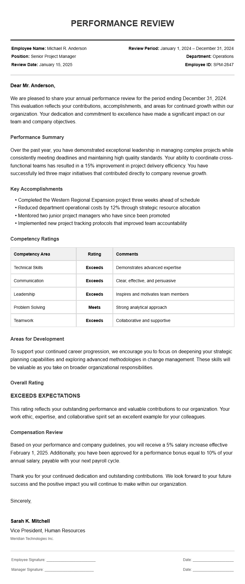 Sample Performance Review Letters