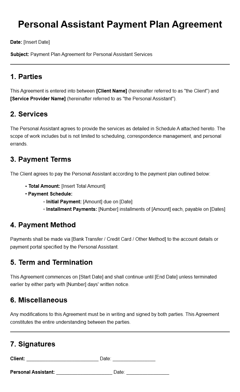 Personal Assistant Payment Plan Agreement Templates