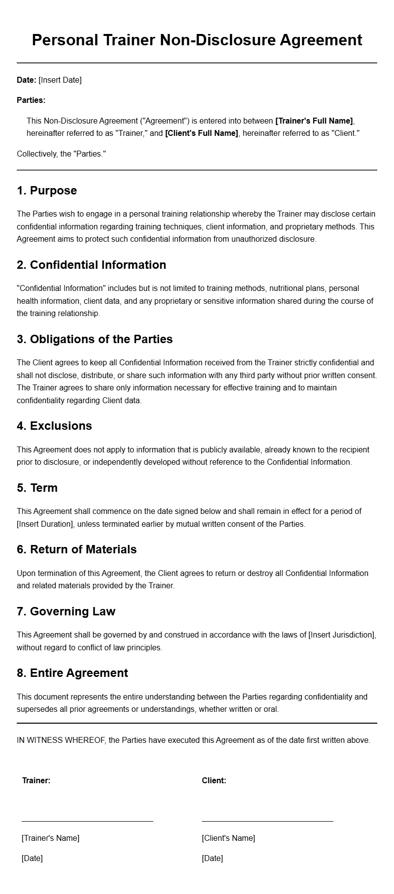 Personal Trainer Non-Disclosure Agreement Templates