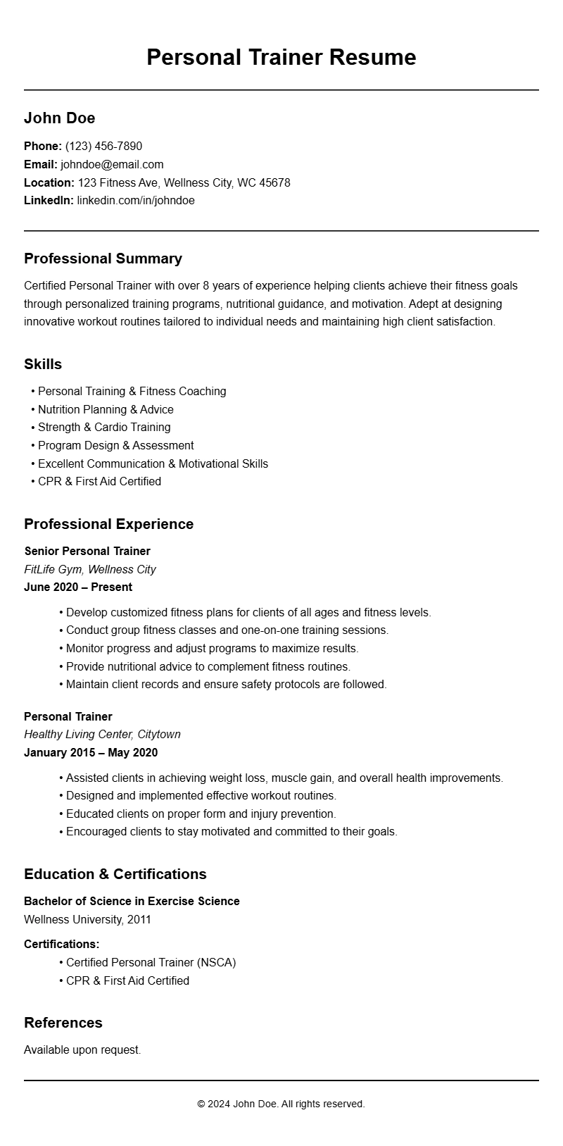 Personal Trainer Resume Samples to Showcase Your Skills