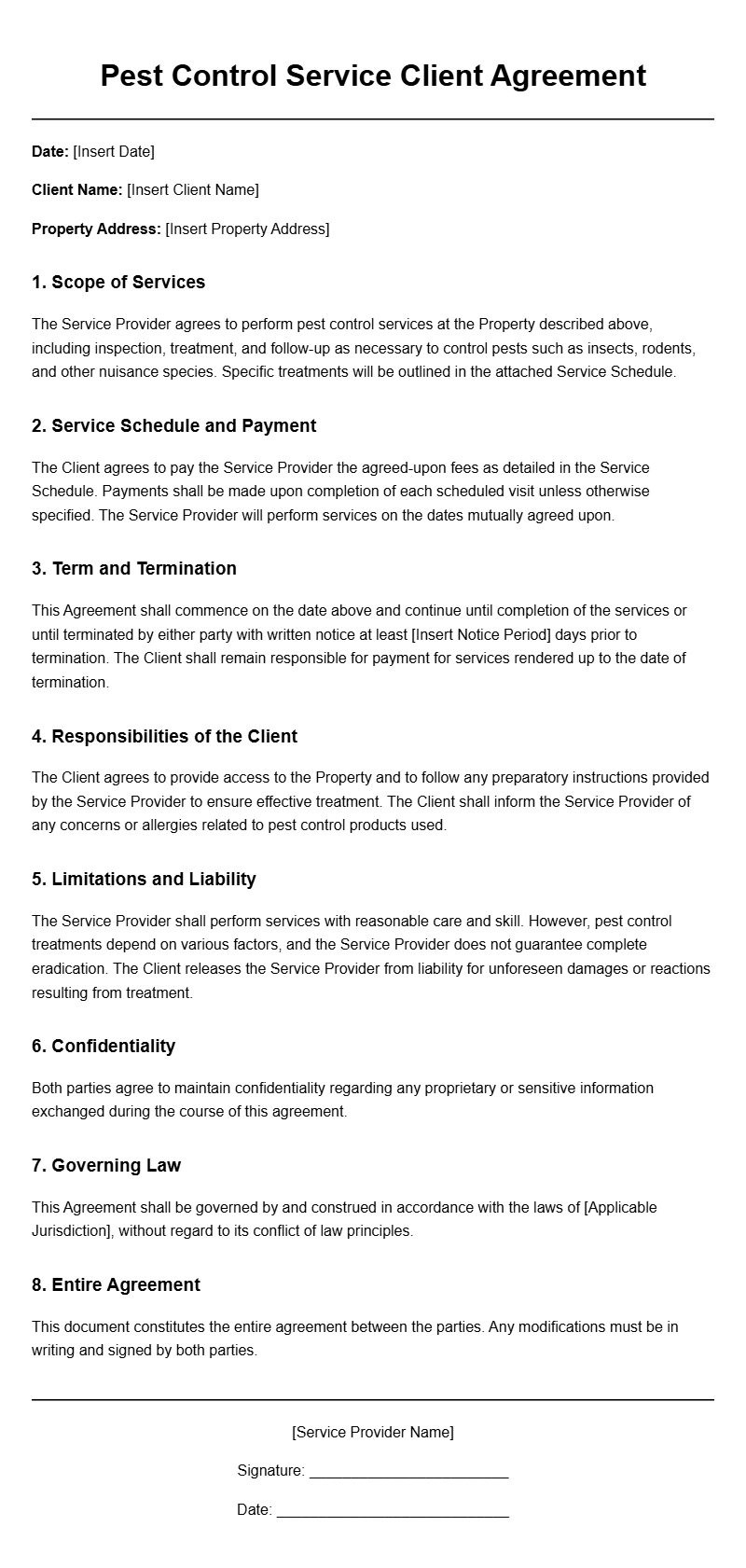Pest Control Service Client Agreement Templates