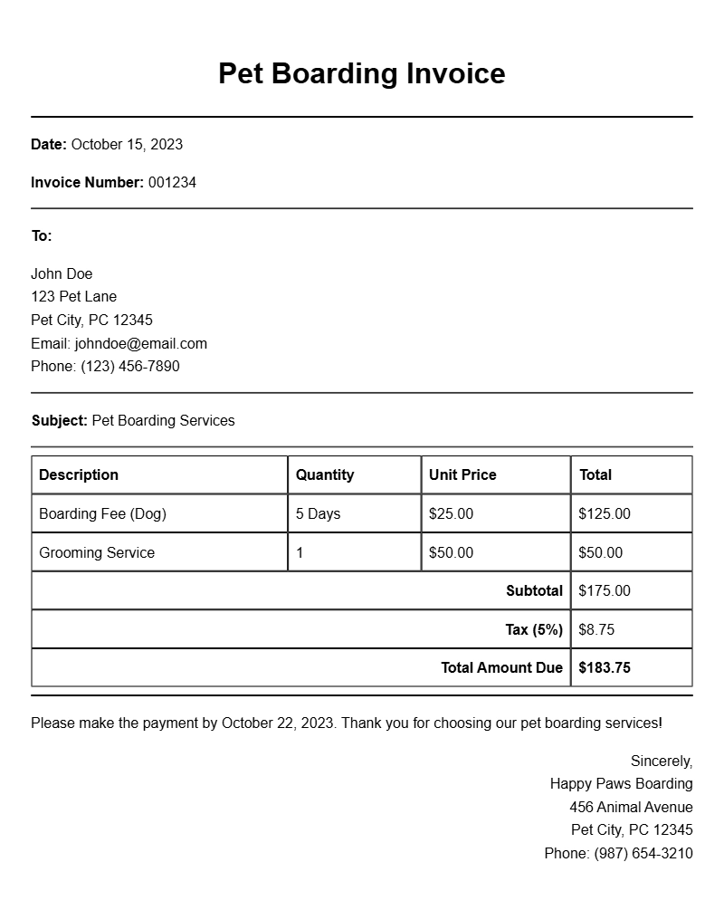Pet Boarding Invoice Templates for Your Business Needs