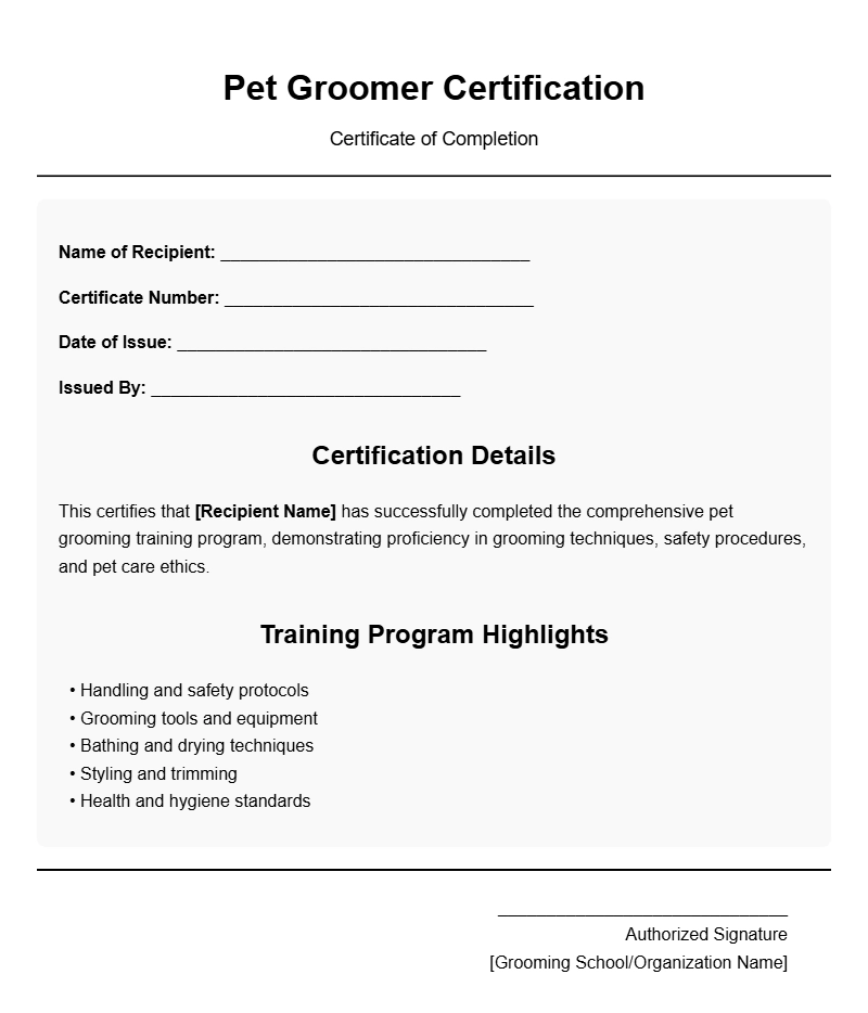 Pet Groomer Certificate Templates for Professional Recognition