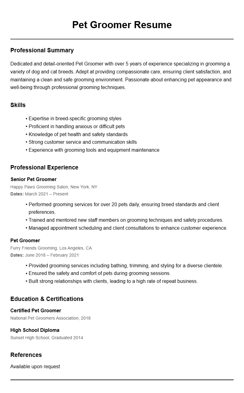 Pet Groomer Resume Samples to Showcase Your Skills