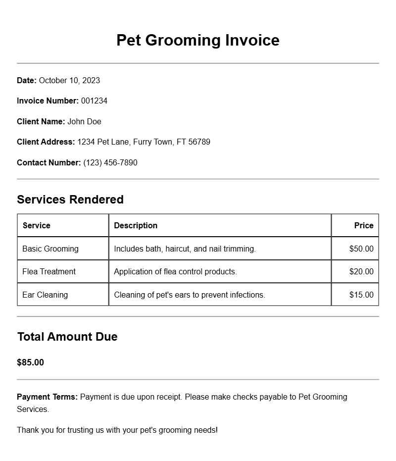 Pet Grooming Invoice Samples for Your Business Needs