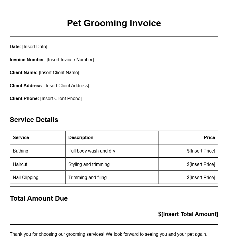 Pet Grooming Invoice Templates for Professional Services
