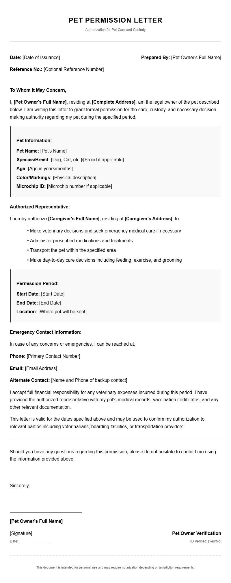 Free Pet Permission Letter Templates