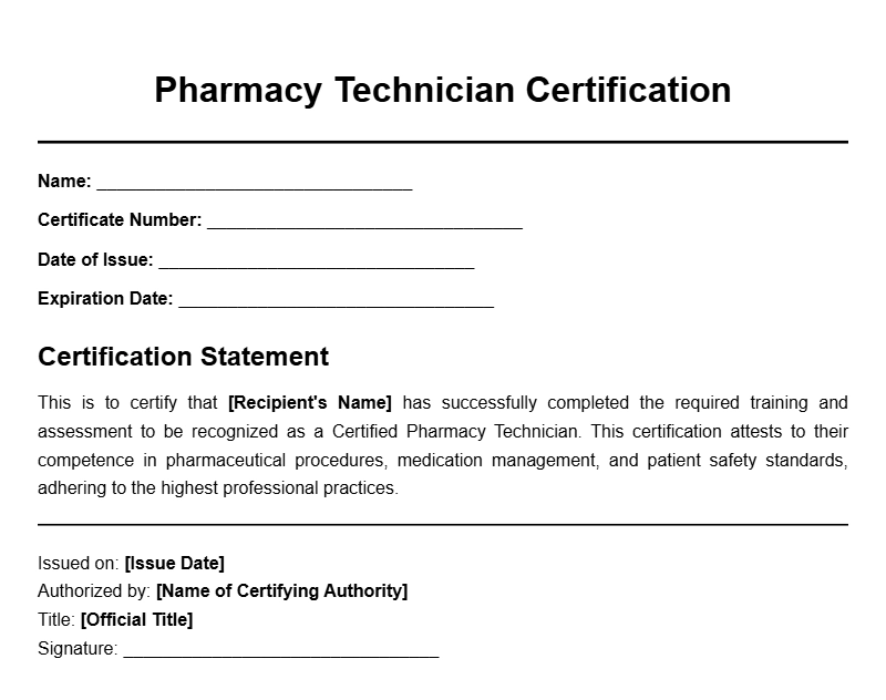 Professional Pharmacy Technician Certificate Templates for Your Certification