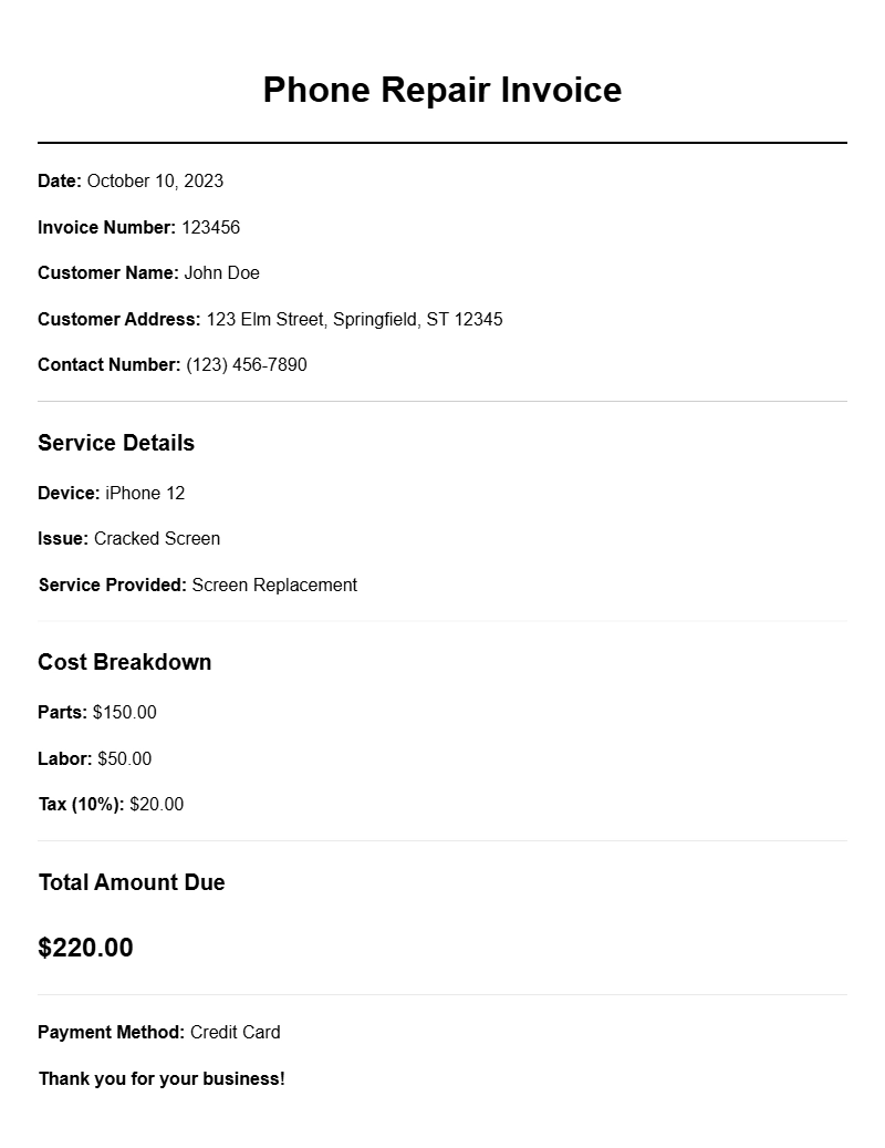 Phone Repair Invoice Samples for Your Business Needs