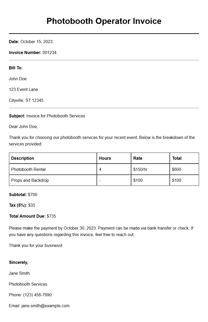 Photobooth Operator Invoice Samples for Easy Billing