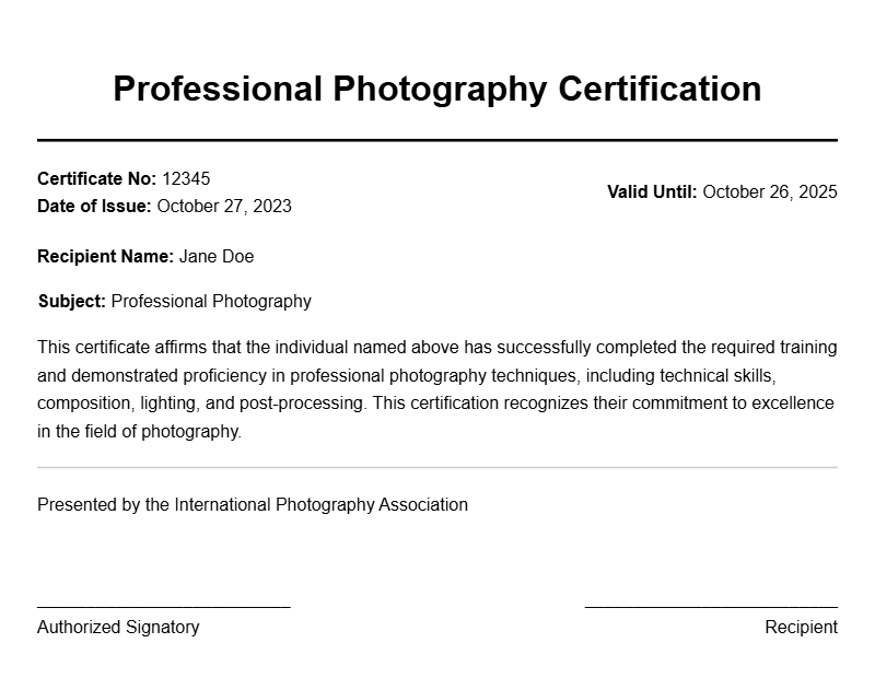 Professional Photographer Certificate Templates for Certification