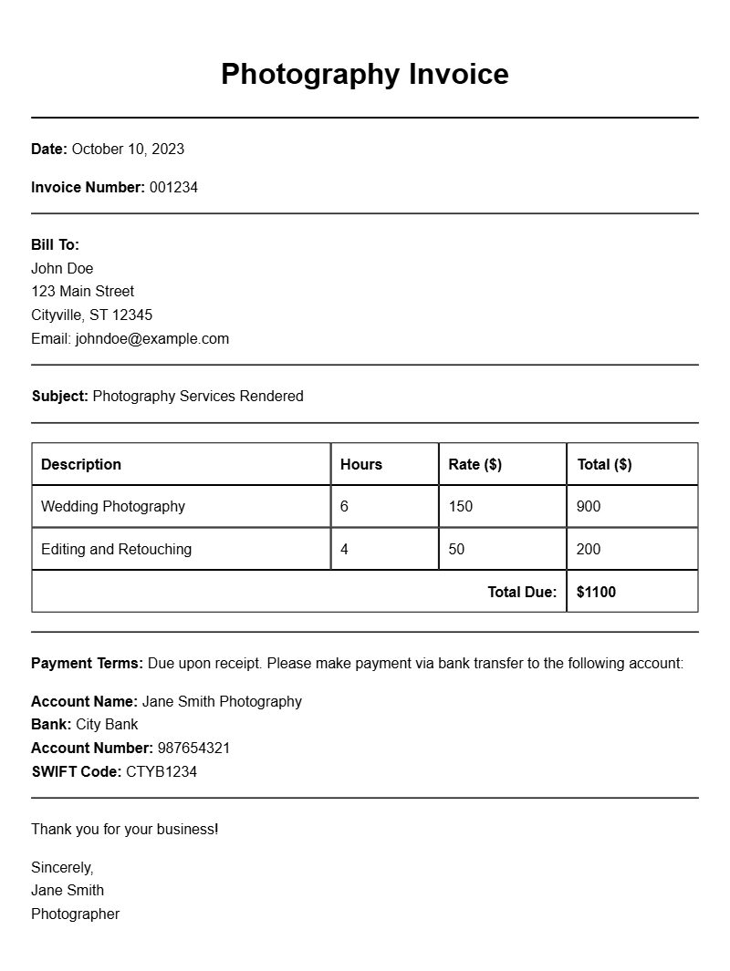 Photographer Invoice Samples for Your Business Needs
