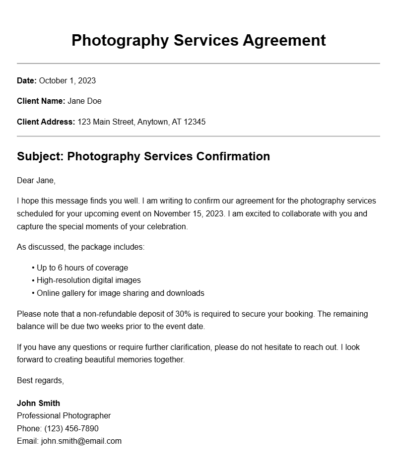 Professional Photographer Client Letter Samples