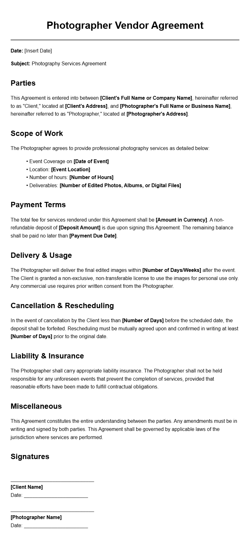 Photographer Vendor Agreement Templates for Smooth Collaborations