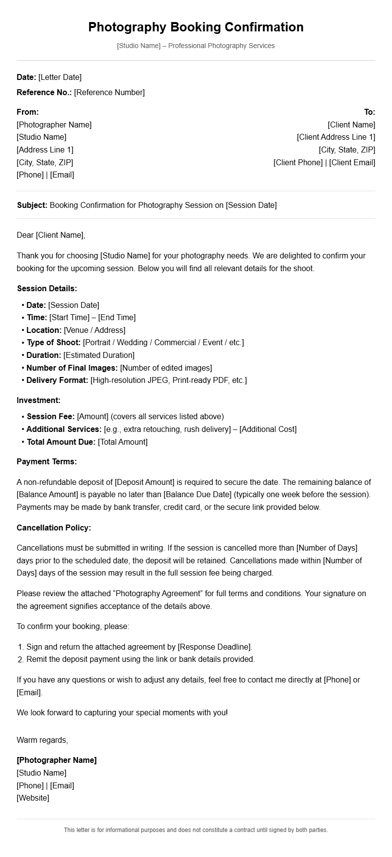 Photography Booking Letter Templates