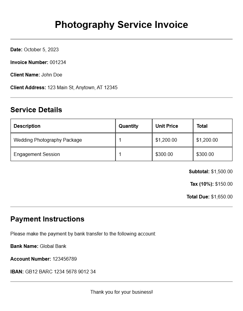 Photography Service Invoice Templates for Your Business