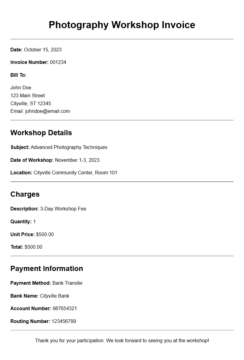 Photography Workshop Invoice Samples for Easy Reference