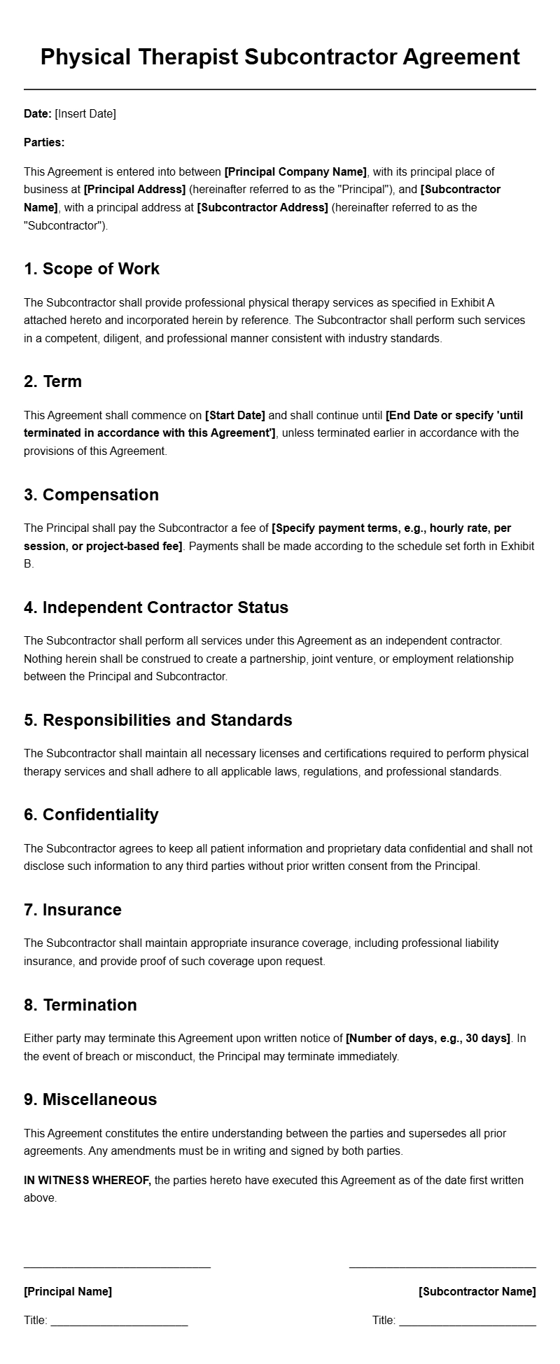 Physical Therapist Subcontractor Agreement Templates Physical Therapist Subcontractor Agreement Templates