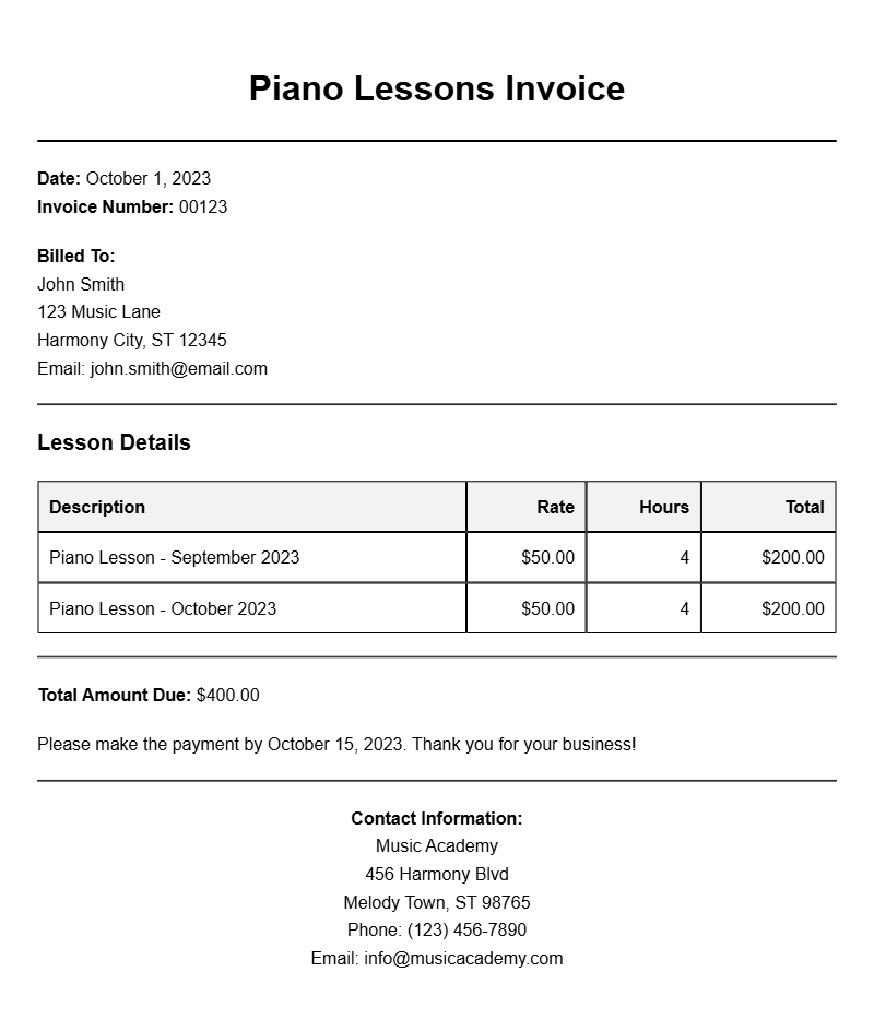 Piano Lessons Invoice Samples for Music Teachers