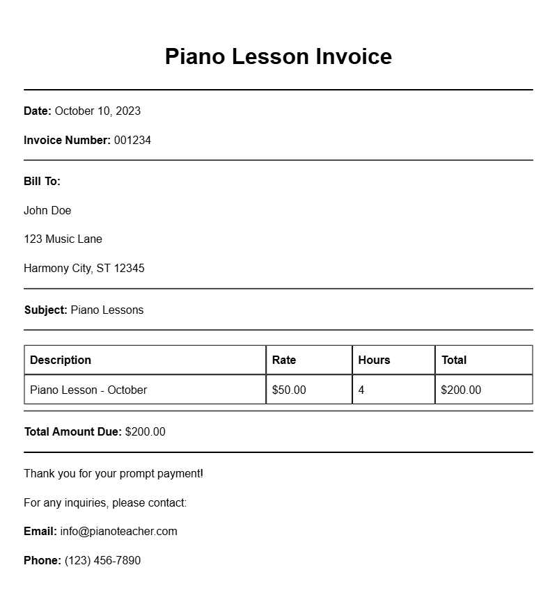 Piano Teacher Invoice Samples for Easy Billing