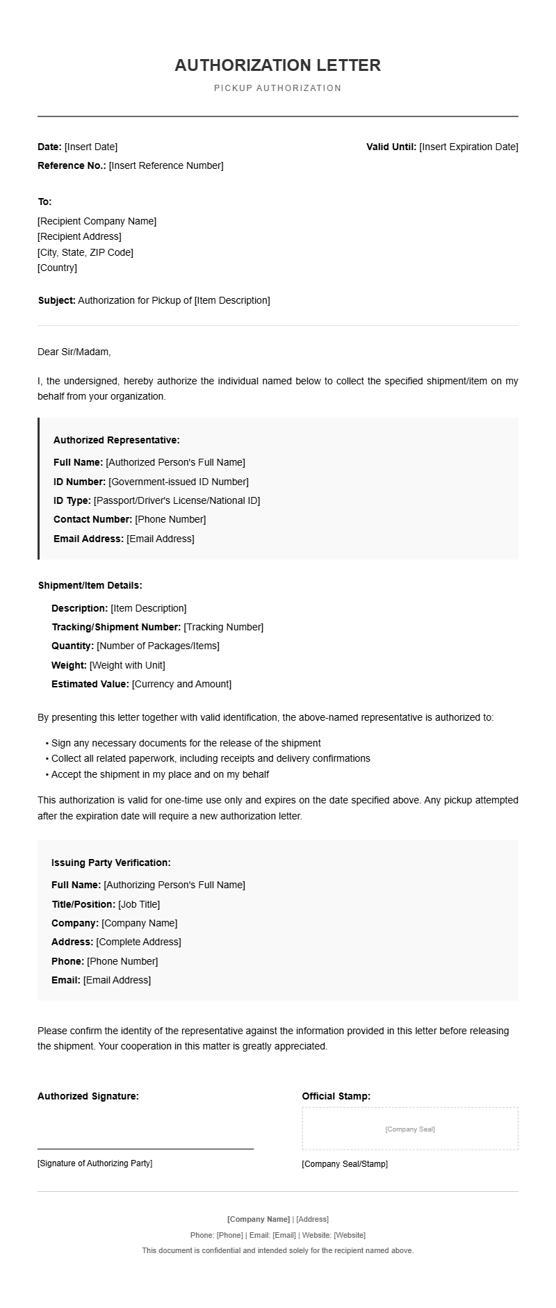 Pickup Authorization Letter Templates