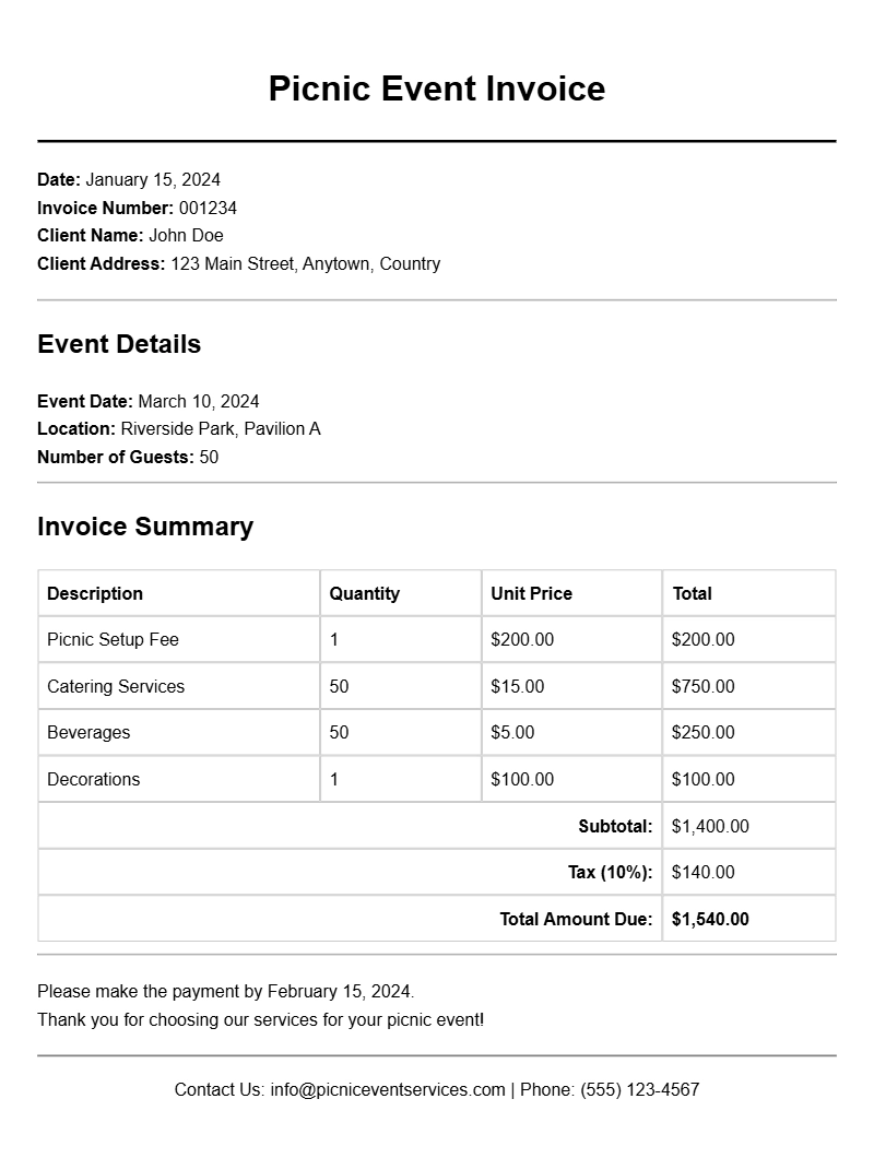 Picnic Event Invoice Templates for Easy Billing