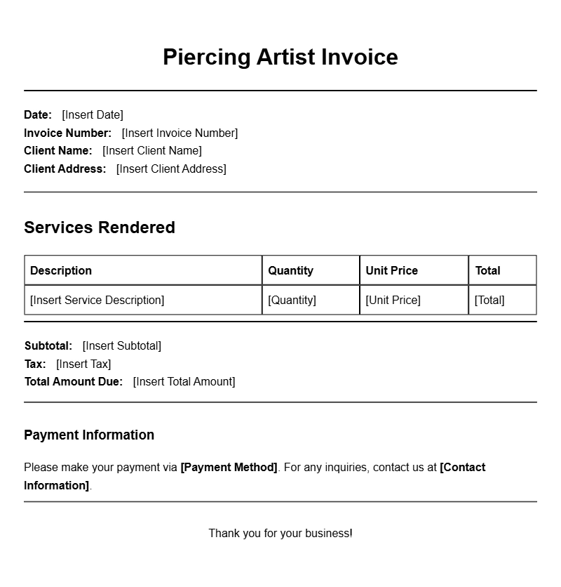 Professional Piercing Artist Invoice Templates for Your Business