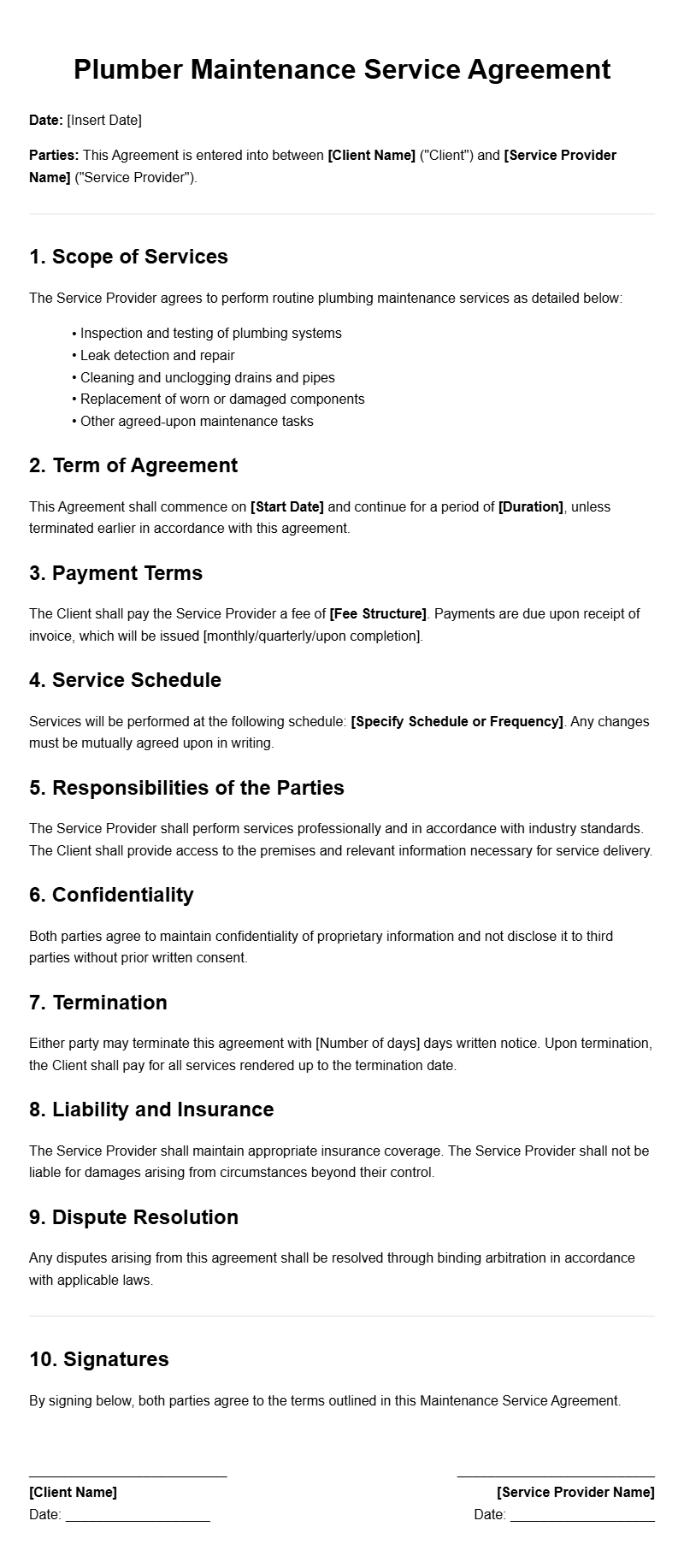 Plumber Maintenance Agreement Templates for Reliable Service