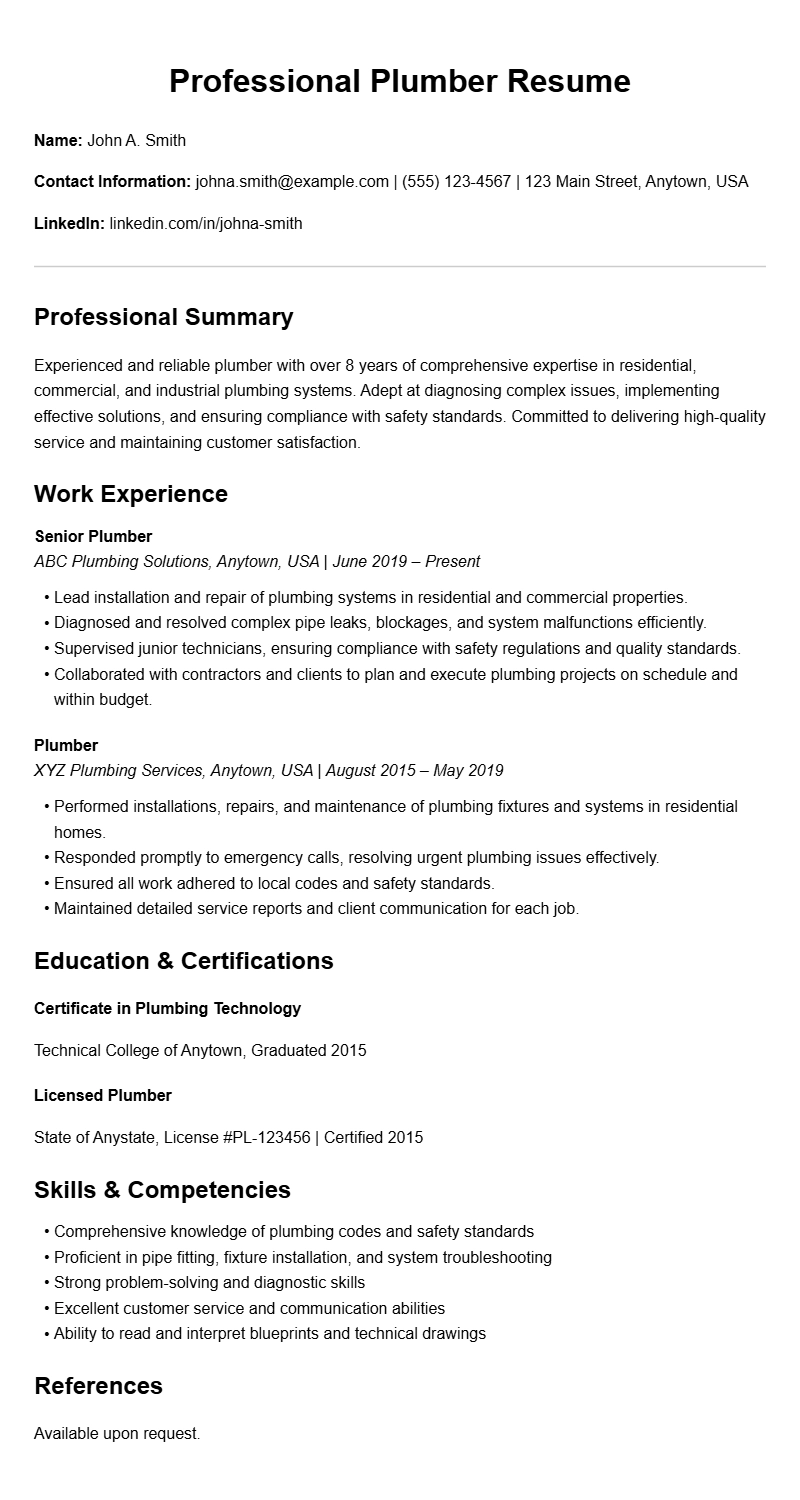 Effective Plumber Resume Samples to Showcase Your Skills