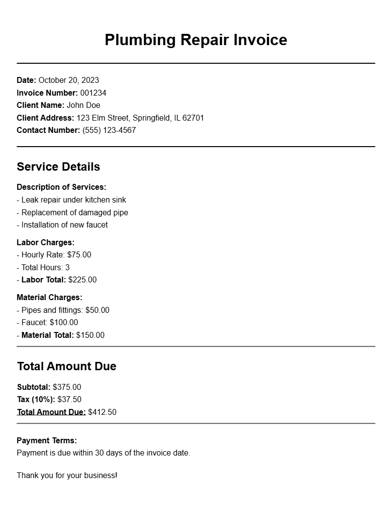 Plumbing Repair Invoice Samples for Easy Billing