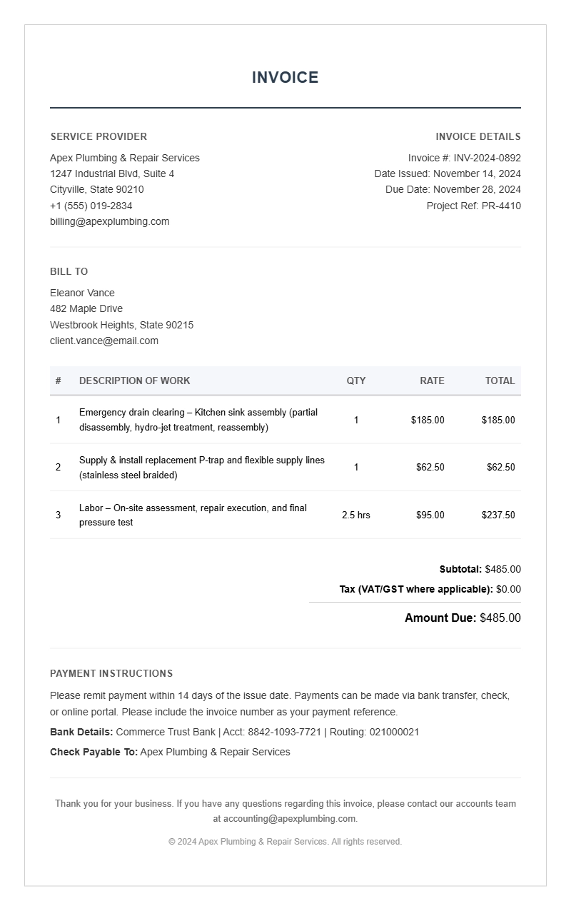 Plumbing Repair Invoice Templates for Contractors