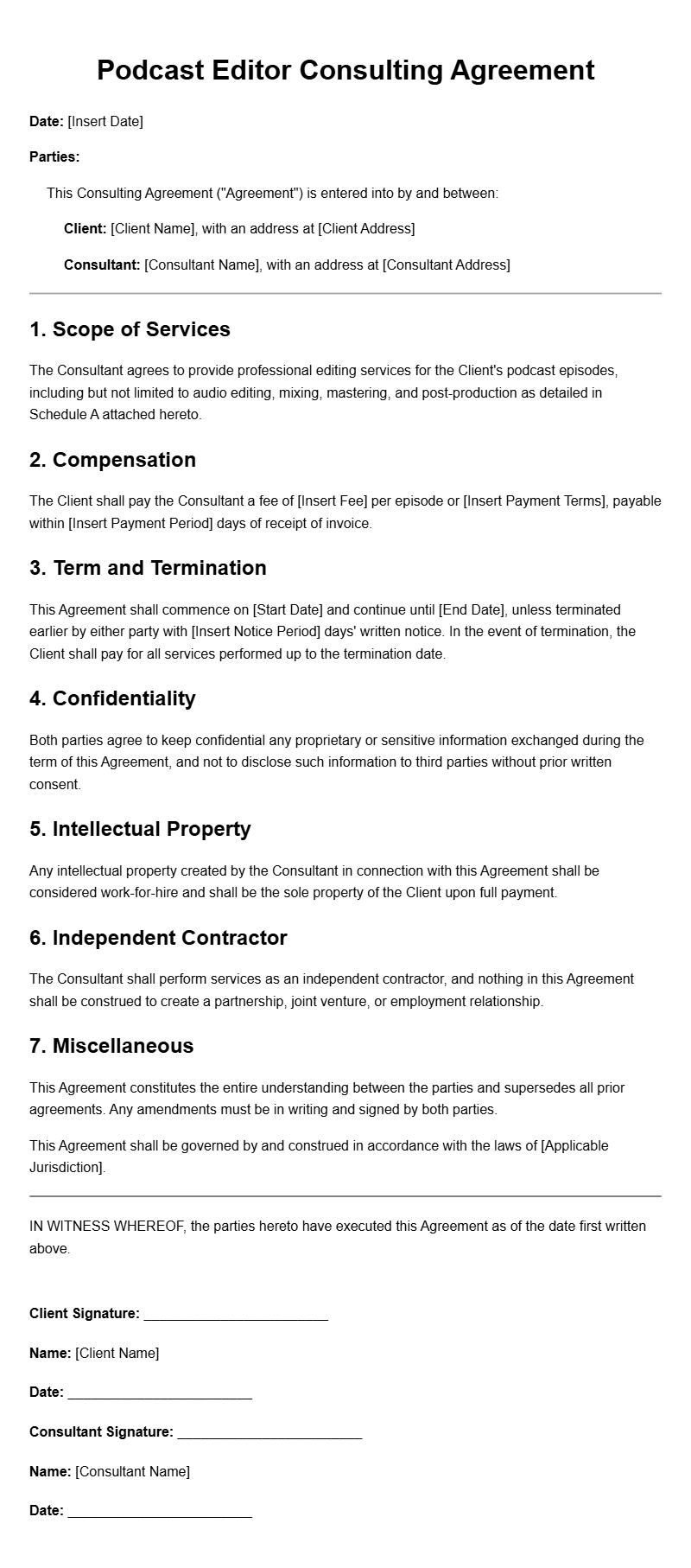 Podcast Editor Consulting Agreement Templates for Professionals Podcast Editor Consulting Agreement Templates for Professionals