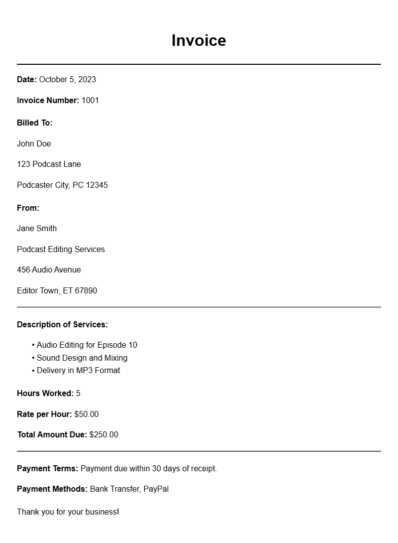 Podcast Editor Invoice Samples for Your Business Needs