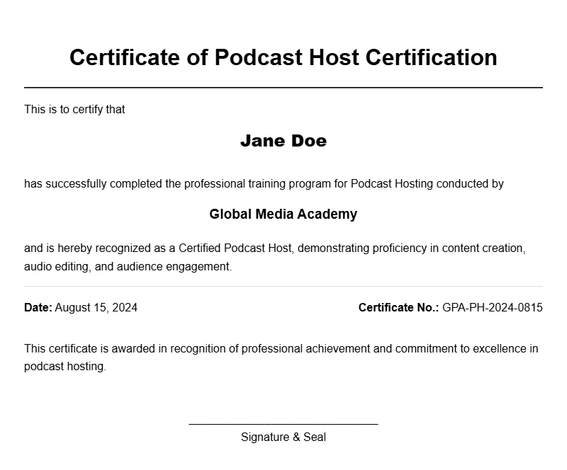 Podcast Host Certificate Samples for Professional Recognition