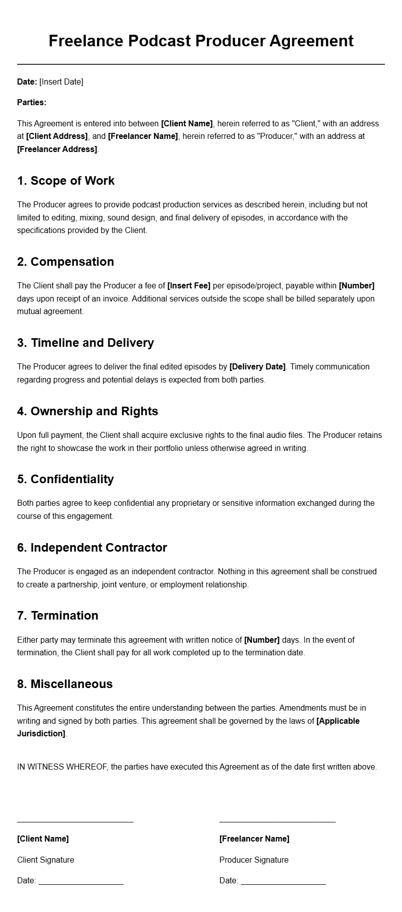 Freelance Podcast Producer Agreement Templates