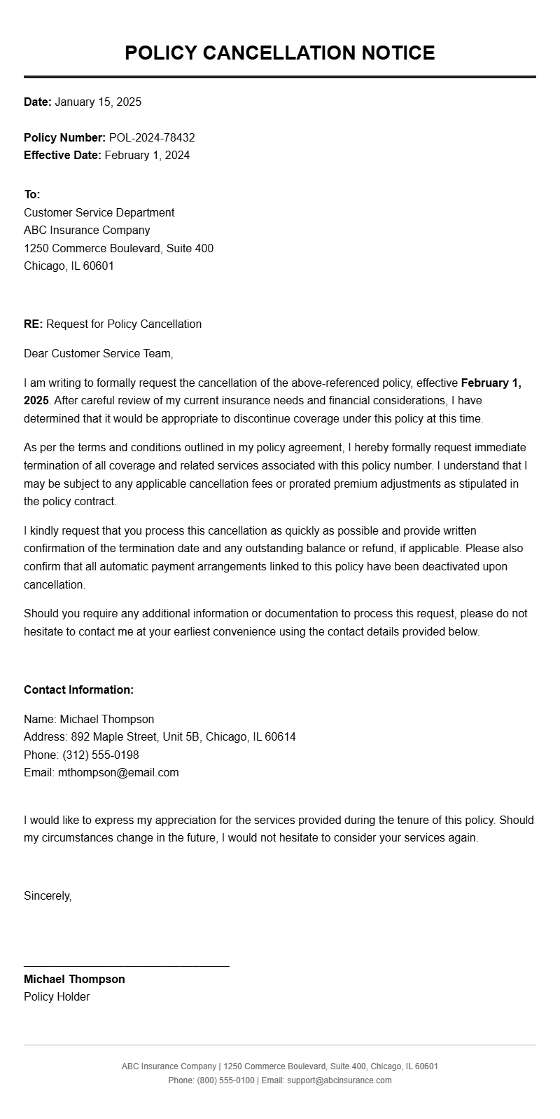 Policy Cancellation Letter Samples