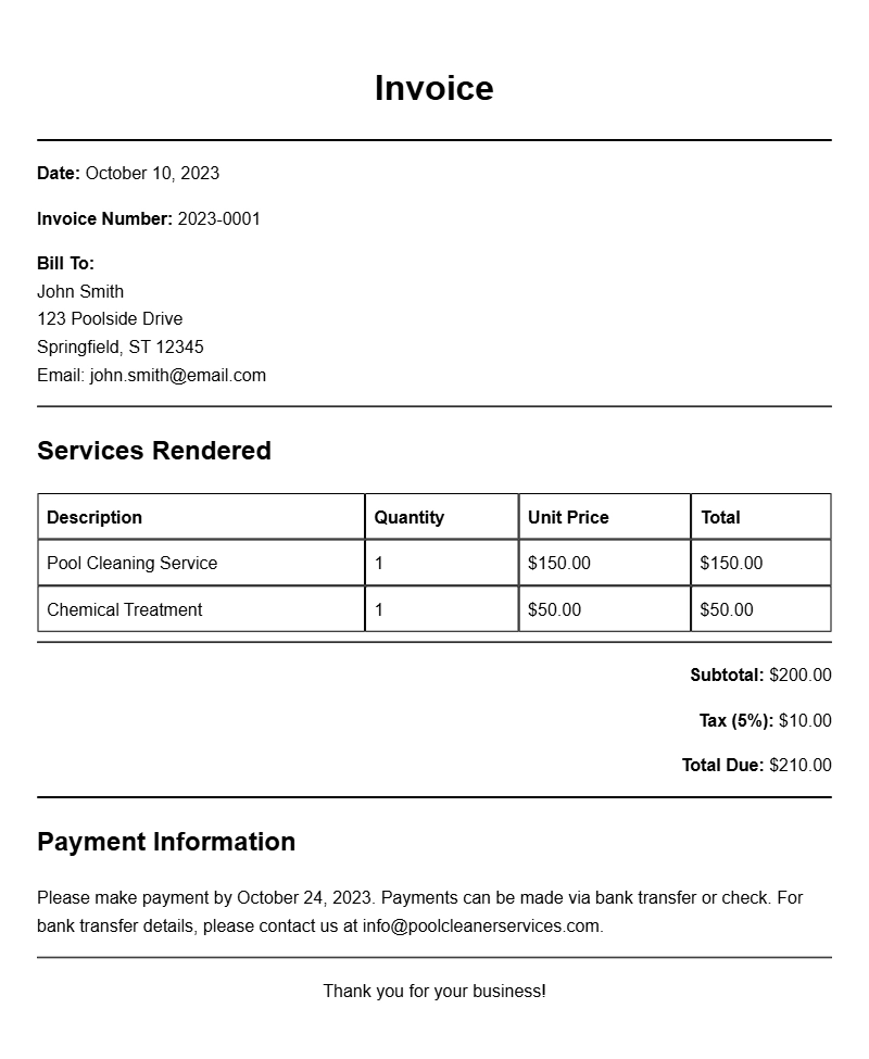 Pool Cleaner Invoice Samples for Your Business Needs
