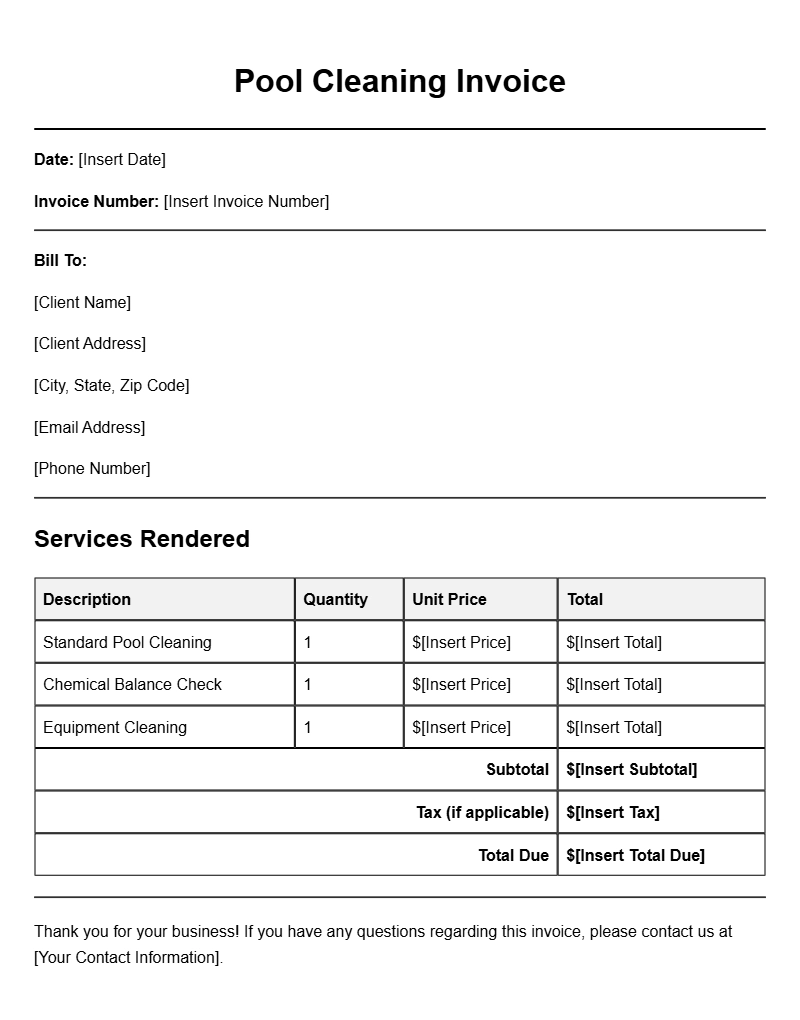 Pool Cleaning Invoice Templates for Easy Billing
