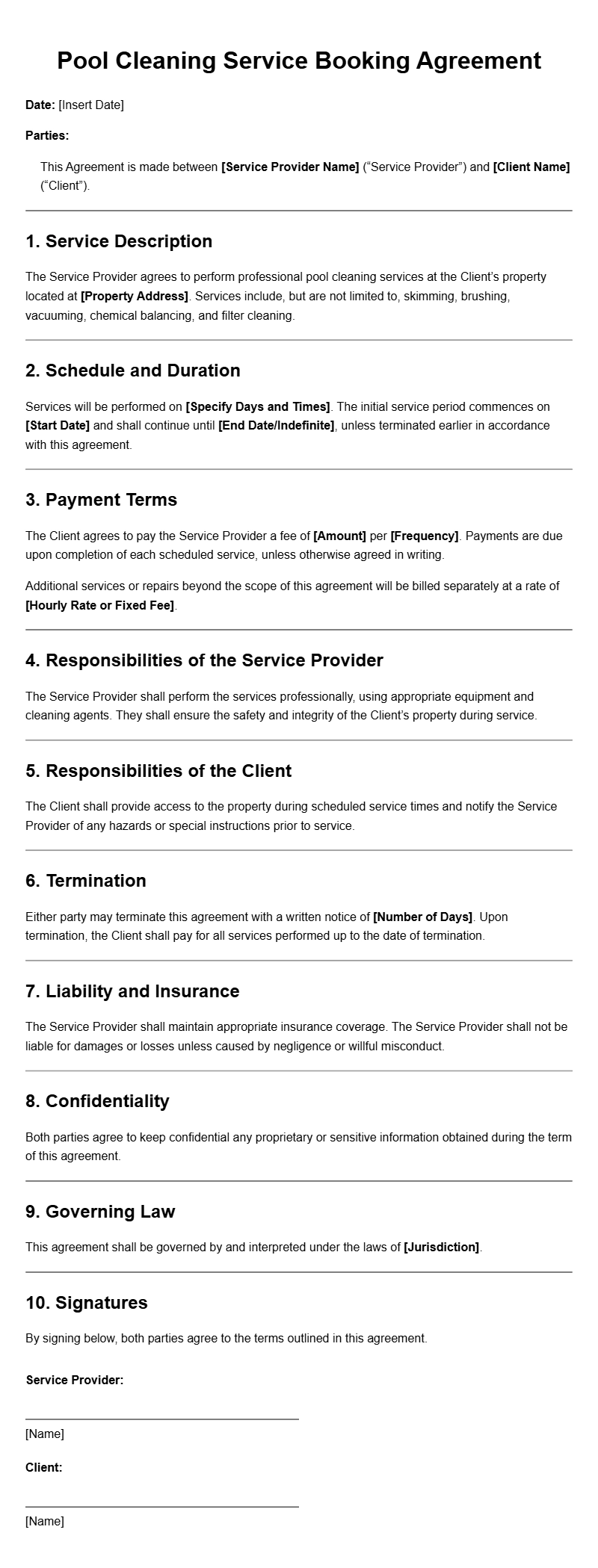 Pool Cleaning Service Booking Agreement Templates