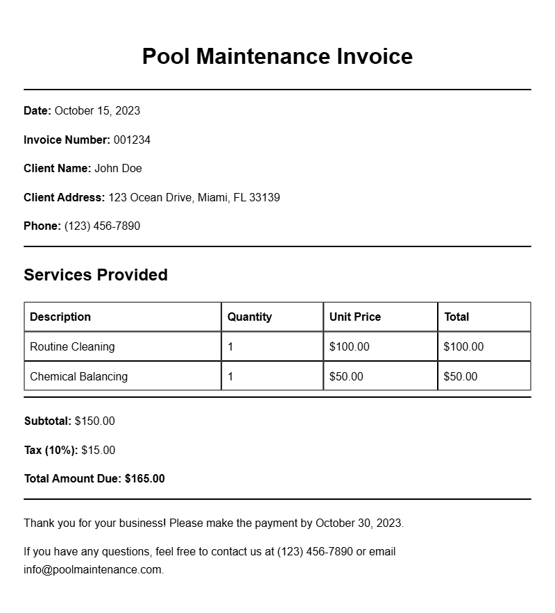 Pool Maintenance Invoice Samples for Your Business Needs